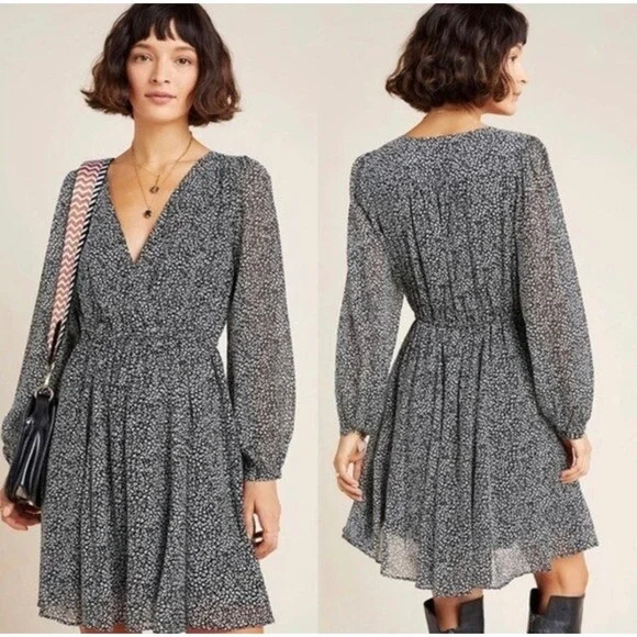 Anthropologie Floral Print Dress Long Sleeve‎ Mini Dress Black Gray S - Picture 2 of 12